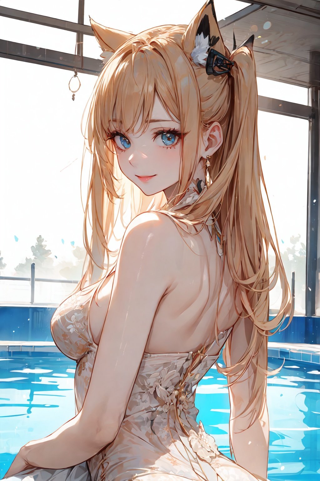 (style:1.1), 1 sexual girl, a bump figure, Big eyes, thick eyelashes, Sitting by the pool, hand dragging head, seen from below, semi transparent, very detailed background, sharp focus, volume fog, opening breasts, very slim, breasts medium, Shoot from the side, buttocks focus, (tight body dress), A slender waist, Lust outflows, Head up, Side lens, shidudou, A charming smile, Fox eye, There's a mole right now, (Upper body:1.3), From below