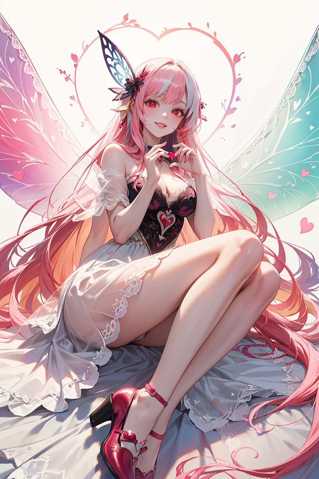 (masterpiece), (realistic), (best quality), (ultra-detailed),  amazing, ((fairy of love, red eyes, lace wings, intricate fairy-tale outfit , shoes with hearts, very long white hair with pink strands, multicolored hair, dreamy smile)))), cinematic light, unusual angle and pose,)),1 girl