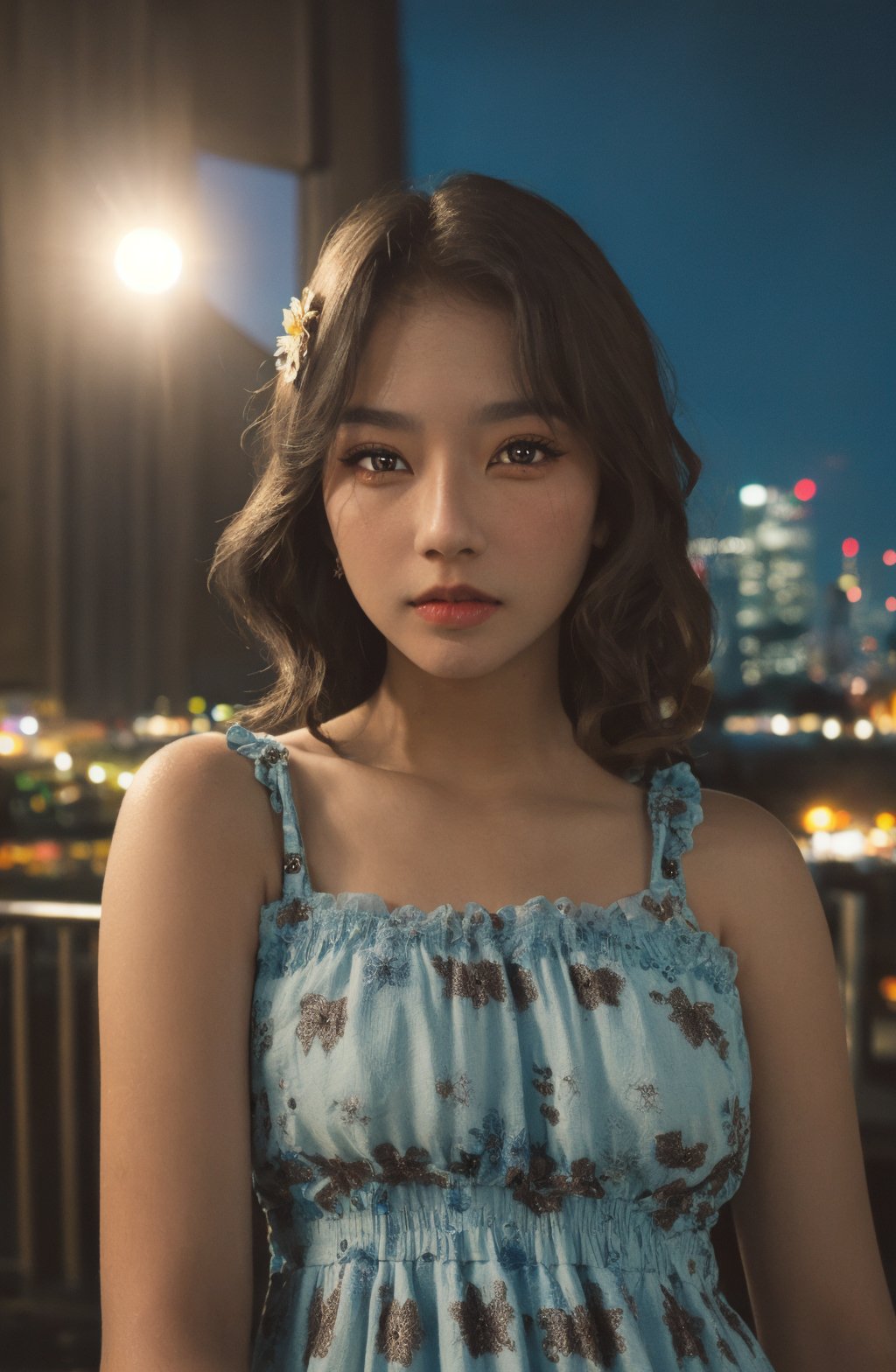 (masterpiece, top quality, best quality, (cowboy shot: 2), ((1girl)), fair skin, (extremely detailed face), ((looking at viewer)), ((((ultra-detailed brown eyes and pupils)))),((((ultra-detailed lips)))), 35mm, ((no lighting)), glamour photo of lorafreyajkt48, shot at eye level, on a Fujifilm X-T4 with a 50mm lens, wearing a vintage floral sun dress, against a city skyline at night, <lora:lorafreyajkt48:0.8>