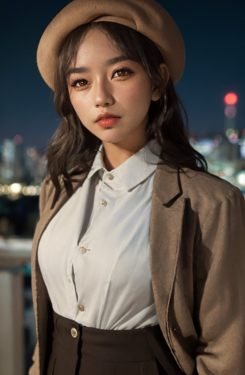 (masterpiece, top quality, best quality, (cowboy shot: 2), ((1girl)), fair skin, (extremely detailed face), ((looking at viewer)), ((((ultra-detailed brown eyes and pupils)))),((((ultra-detailed lips)))), 35mm, ((no lighting)), glamour photo of lorafreyajkt48, shot at eye level, on a Fujifilm X-T4 with a 50mm lens, Vintage-inspired ensemble with a fitted blazer, high-waisted trousers, and beret, against a city skyline at night, <lora:lorafreyajkt48:0.8>