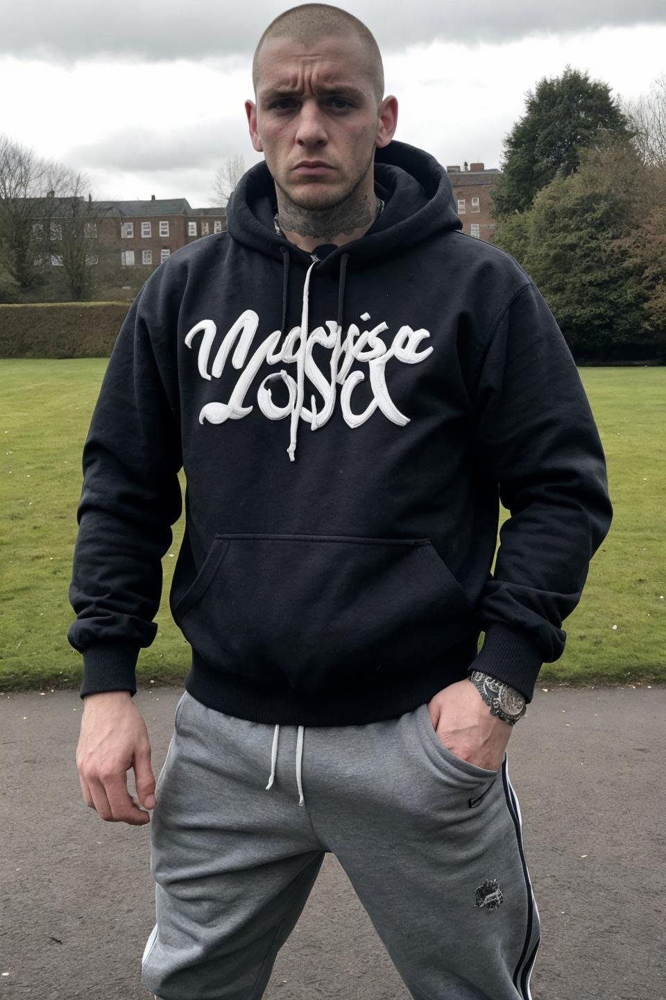 masterpiece, best quality, 1boy, 30 year old, chav, rough, dirty, Mancunian, mean, bully, druggie, skinhead, (park background), realistic, dramatic lighting, atmospheric, intricate detail