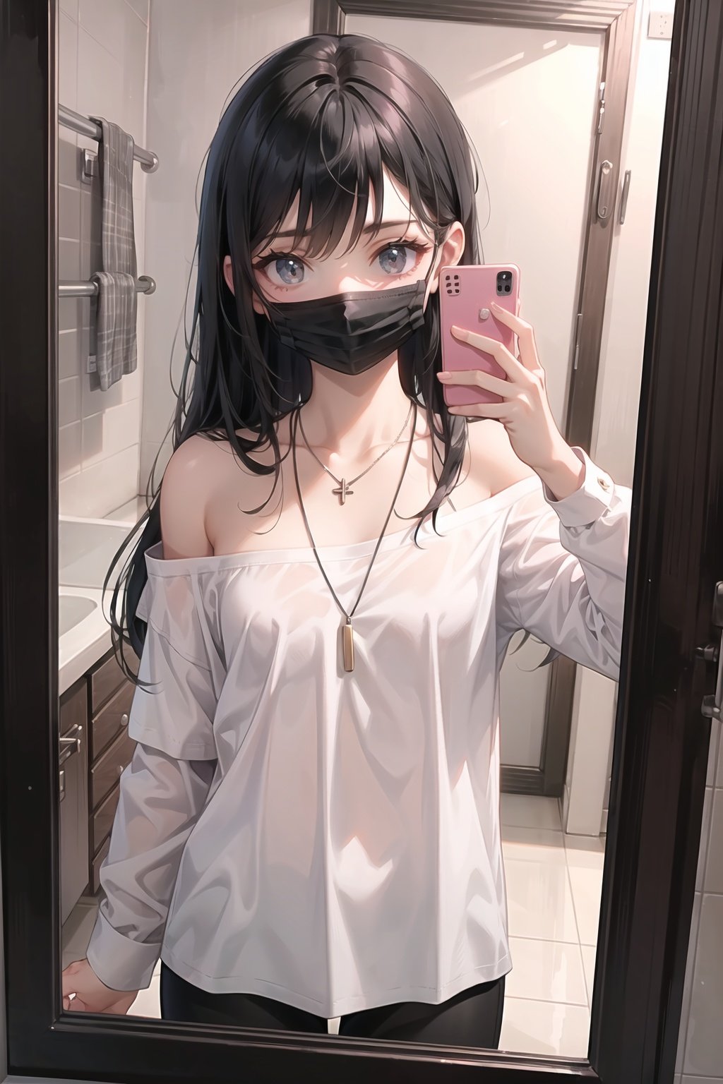 1 very long black hair (flat chest:1.1) girl wearing (black hallow out shirt:1.3) in bathroom (selfie:1.2), mouth mask, necklace, off-shoulder, masterpiece, (beautiful detailed face:1.3), (beautiful detailed background:1.3),