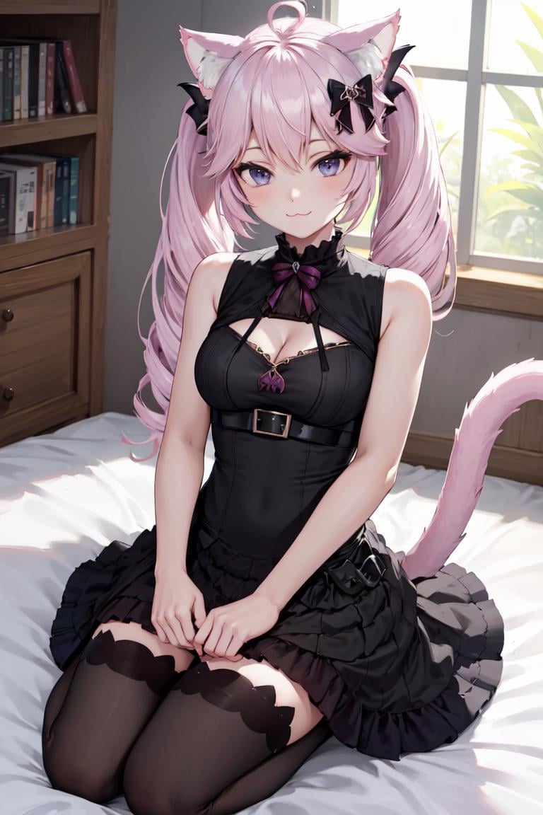 masterpiece, best quality, absurdres, perfect anatomy, 1girl, solo, Nyanners2022, twintails, cat ears, cat tail, hair bow, black dress, sleeveless dress, cleavage cutout, black thighhighs, seiza, on bed, indoors, bedroom, :3, smile, <lora:NyatashaNyanners:1>