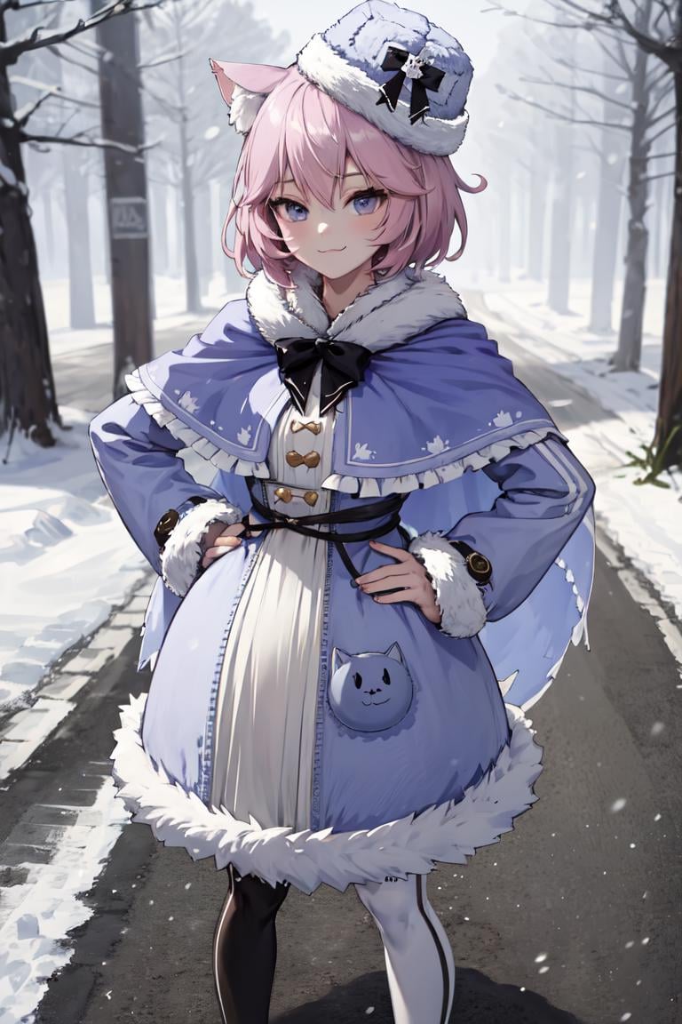 masterpiece, best quality, absurdres, perfect anatomy, 1girl, solo, NyannersWinter, short hair, cat ears, fur hat, winter clothes, fur-trimmed dress, fur-trimmed capelet, cat ear legwear, asymmetrical legwear, outdoors, snow, road, forest, winter, hands on hips, :3, smile, <lora:NyatashaNyanners:1>