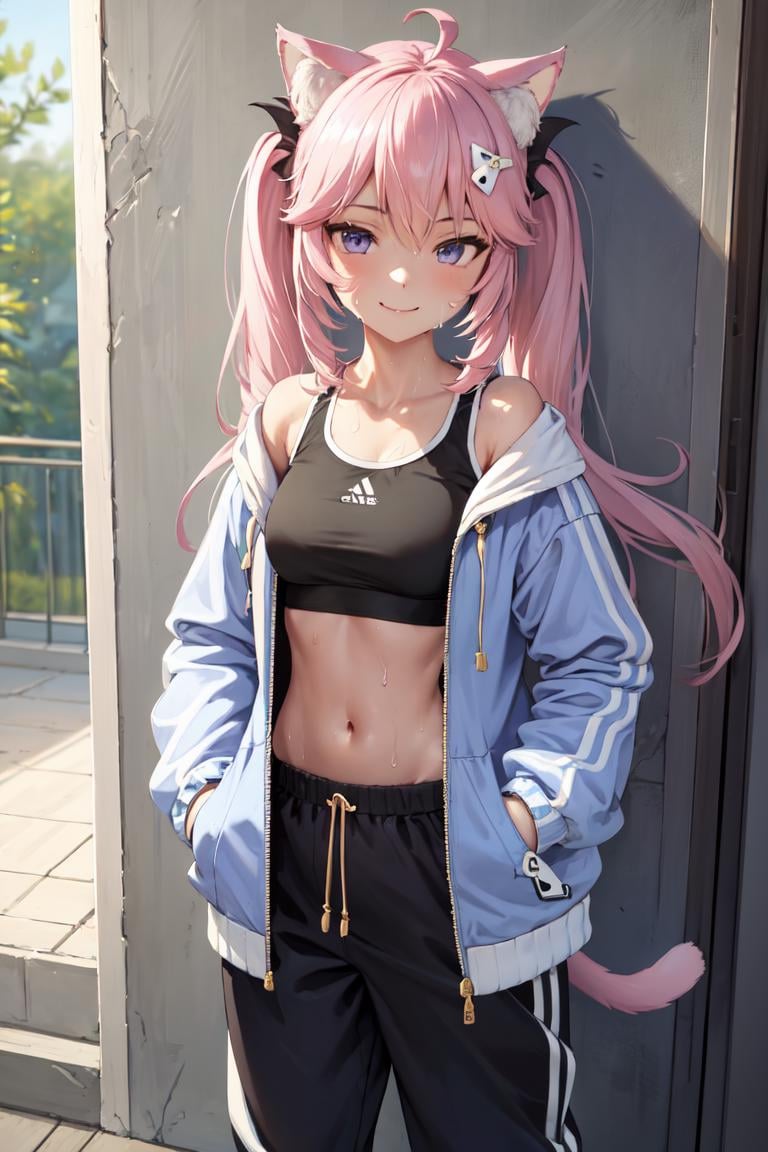 masterpiece, best quality, absurdres, perfect anatomy, 1girl, solo, NyatashaNyanners, cat ears, cat tail, long hair, twintails, baggy clothes, sports bra, open jacket, track pants, casual, indoors, against wall, leaning, hands in pockets, toned, sweat, smile,  <lora:NyatashaNyanners:1>