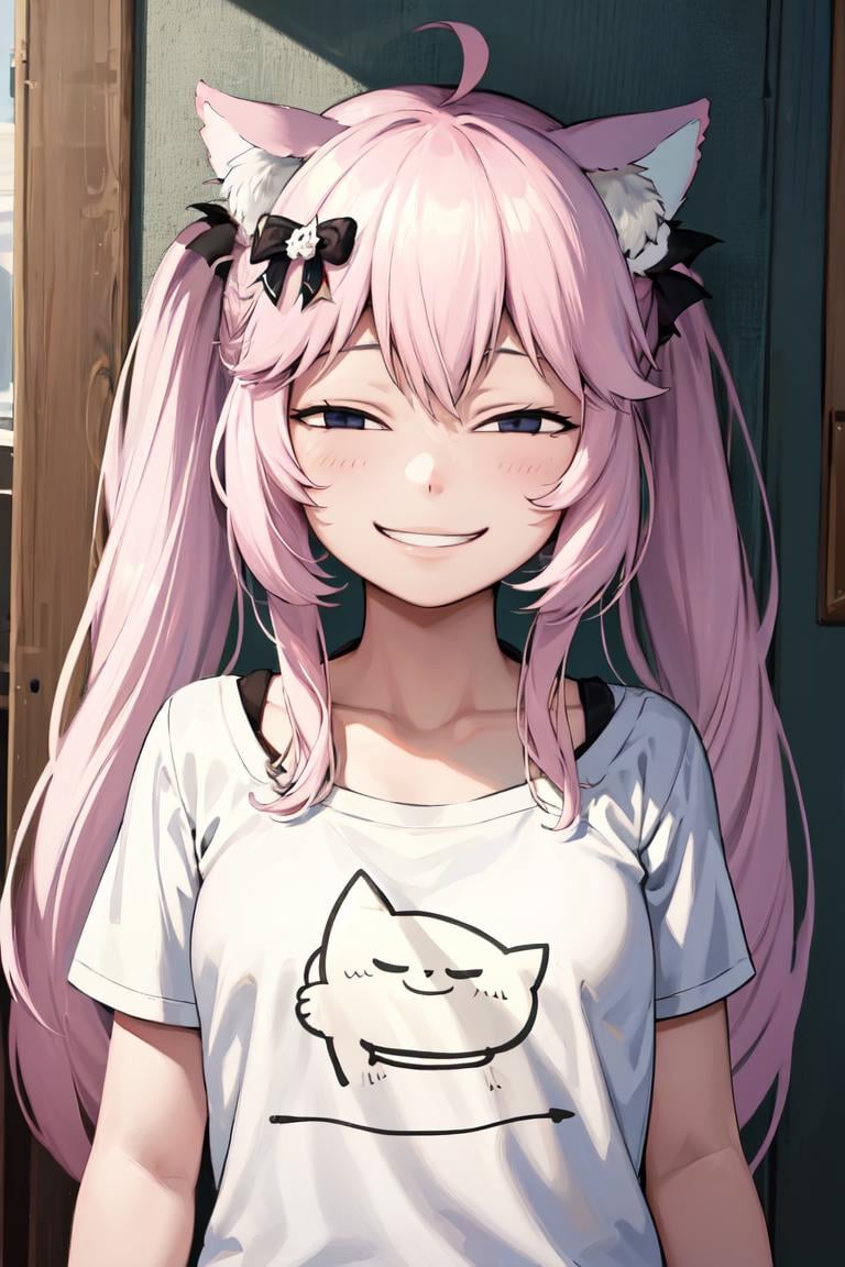 masterpiece, best quality, absurdres, perfect anatomy, 1girl, solo, NyatashaNyanners, cat ears, long hair, twintails, t-shirt, portait, upper body, IncrsAnyasHehFaceMeme, grin, smug, <lora:NyatashaNyanners:1>, <lora:AnyasHehFaceMeme:1>