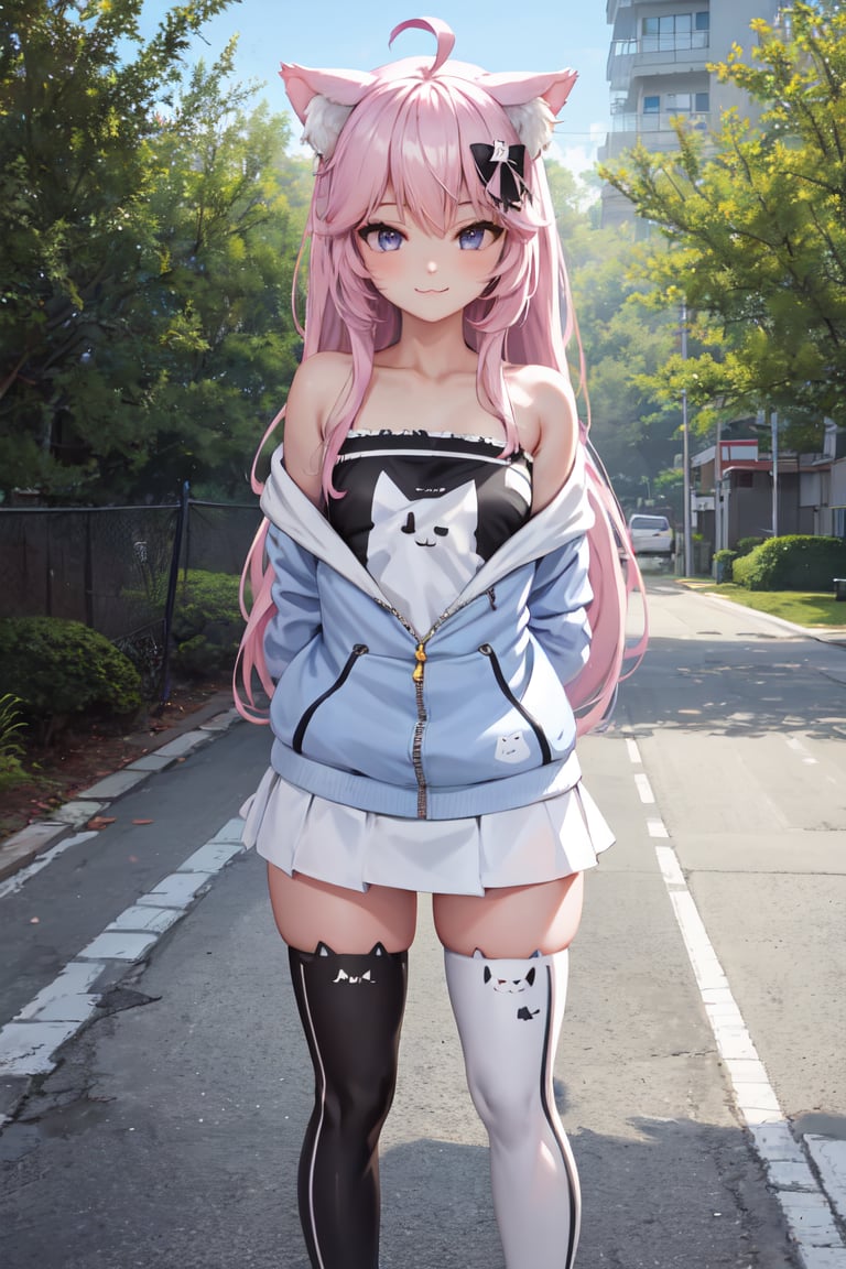 masterpiece, best quality, absurdres, perfect anatomy, 1girl, solo, NyannersBase, long hair, cat ears, hoodie, long sleeves, camisole, cat print, white skirt, cat ear legwear, asymmetrical legwear, standing, arms behind back, :3, smile, outdoors, <lora:NyatashaNyanners:1>