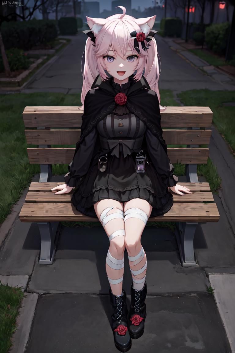 masterpiece, best quality, absurdres, perfect anatomy, 1girl, solo, NyannersHalloween, cat ears, twintails, hair flower, black dress, lantern, black capelet, bandaged leg, boots, outdoors, sitting, park bench, night, dark, moon, :d, smile, <lora:NyatashaNyanners:1>