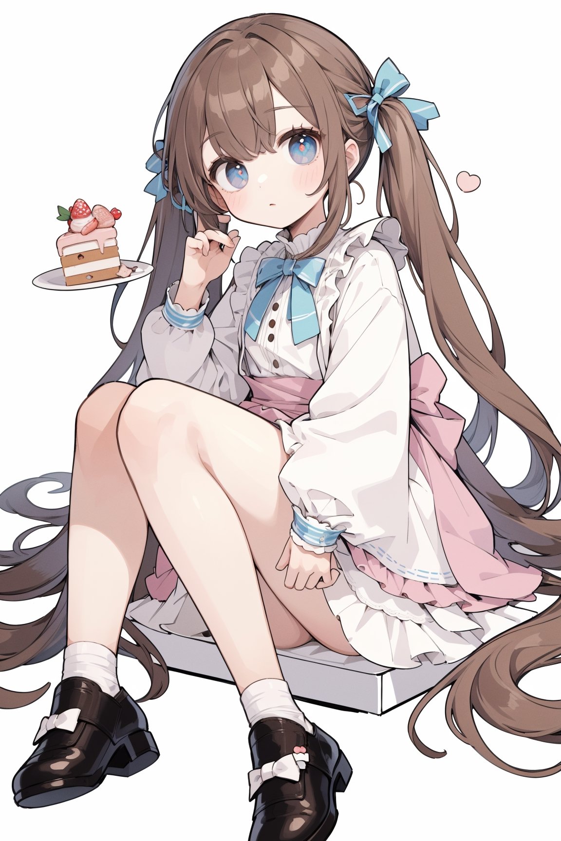 (masterpiece, best quality, highres:1.3), ultra resolution image, (1girl), (solo), kawaii, accessories, full body, shoes, look at viewer, sitting_down, side, brown hair, low twintails, middle hair, cake, dress, alice wonderland, 