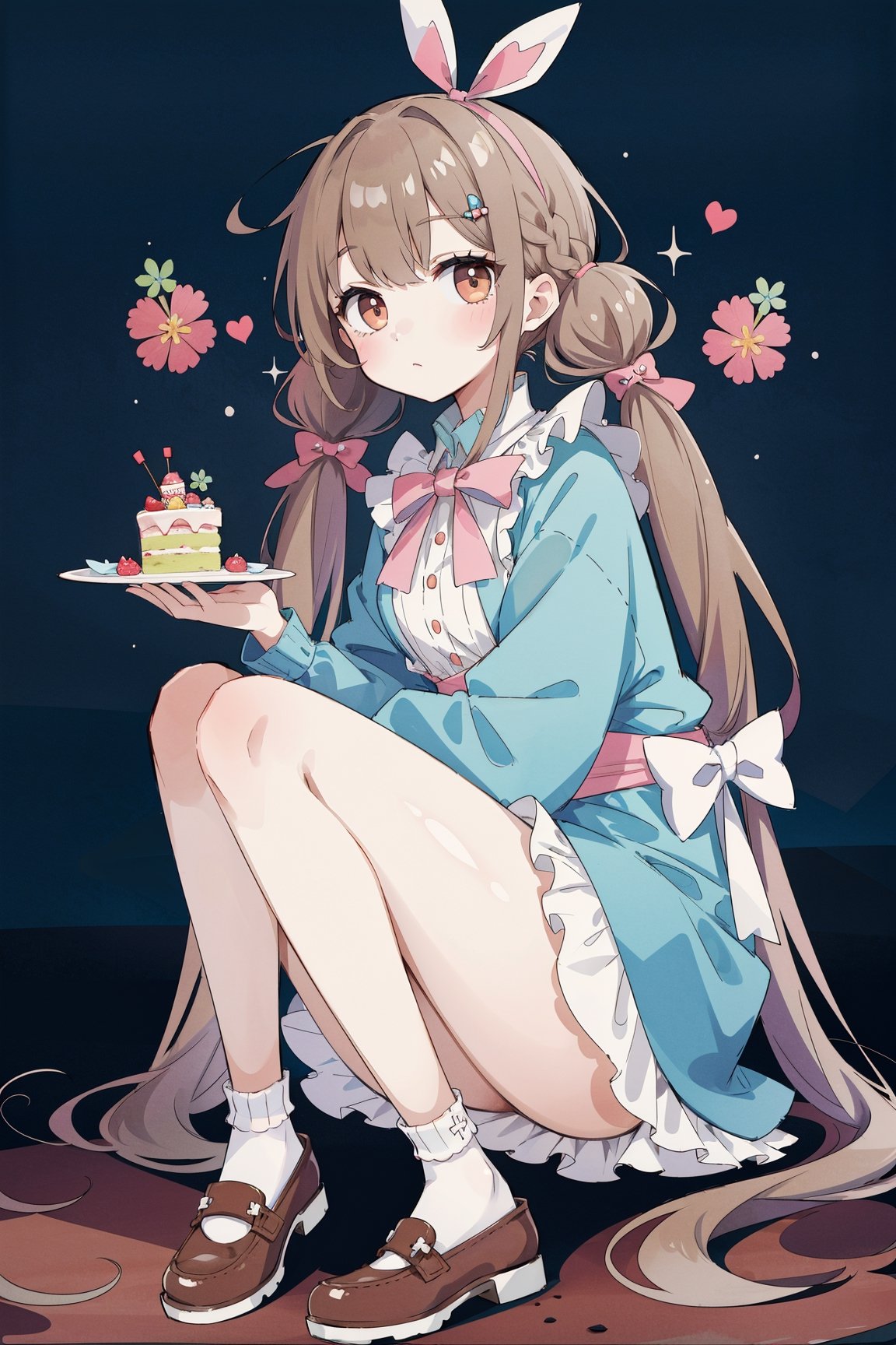 (masterpiece, best quality, highres:1.3), ultra resolution image, (1girl), (solo), kawaii, accessories, full body, shoes, look at viewer, stand_sitting, side, brown hair, low twintails, middle hair, cake, dress, alice wonderland, 