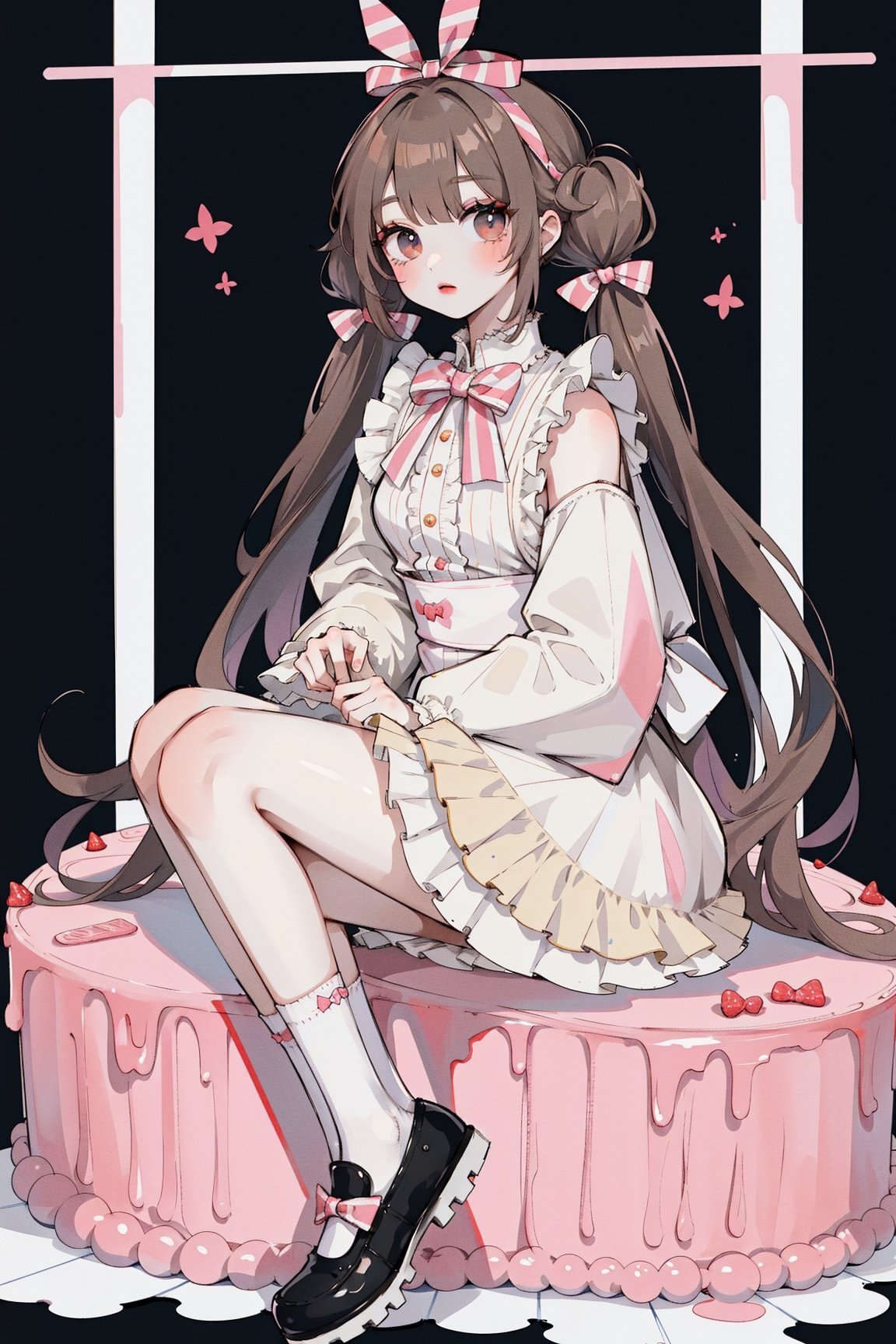 (masterpiece, best quality, highres:1.3), ultra resolution image, (1girl), (solo), kawaii, accessories, full body, shoes, look at viewer, stand_sitting, side, brown hair, low twintails, middle hair, cake, dress, alice wonderland, 