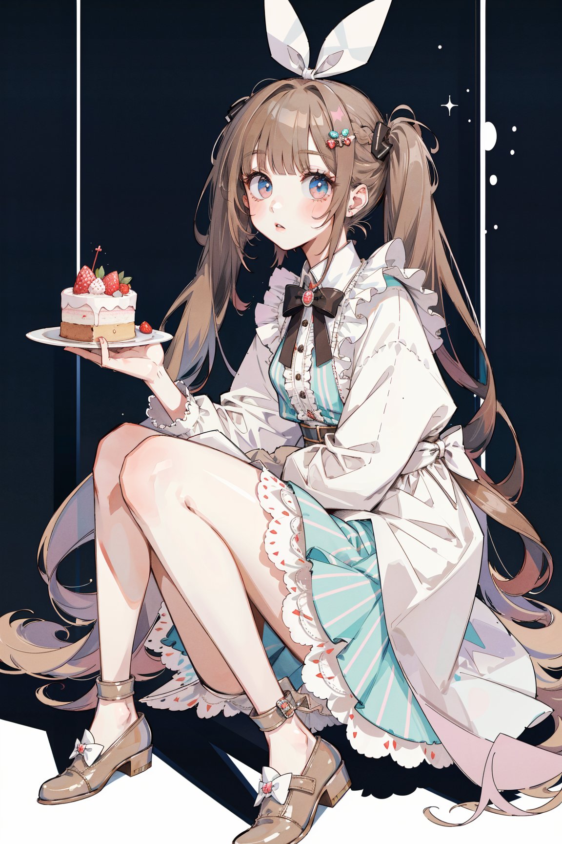 (masterpiece, best quality, highres:1.3), ultra resolution image, (1girl), (solo), kawaii, accessories, full body, shoes, look at viewer, stand_sitting, side, brown hair, low twintails, middle hair, cake, dress, alice wonderland, 