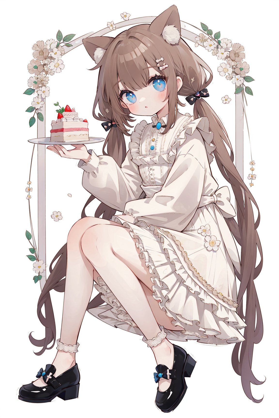 (masterpiece, best quality, highres:1.3), ultra resolution image, (1girl), (solo), kawaii, accessories, full body, shoes, look at viewer, stand_sitting, side, brown hair, low twintails, middle hair, cake, dress, alice wonderland, 