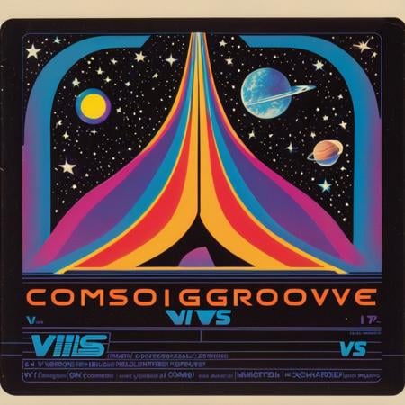 a scan of a logo printed on a VHS : 2, An intergalactic "CosmoGroove" logo with letters made of stars and planets, set against a cosmic backdrop, invoking the spirit of space exploration and disco-infused beats; intergalactic:1.8, cosmic:1.7, disco-infused:1.6.<lora:VHS_Style:1>