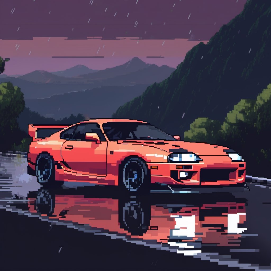 toyota supra, pixel style, japanese, jdm, mountain roads, night time, raining, low light, headlights Tōge, touge (8k, RAW photo, best quality, masterpiece:1.2), trending on artstation, videogame art