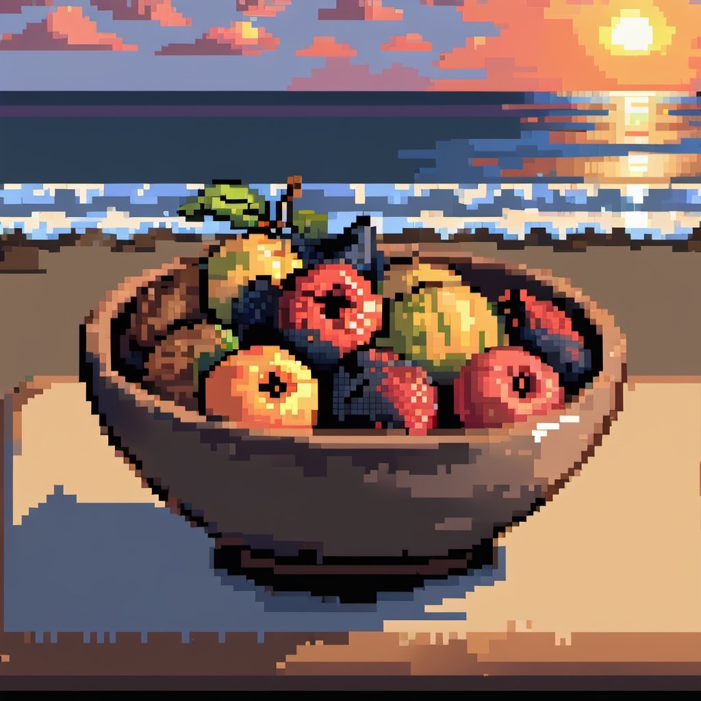 digital pixel art of a bowl of fruit on a table, at the beach, sunset