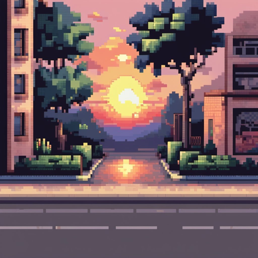 sunset street background,pixel style