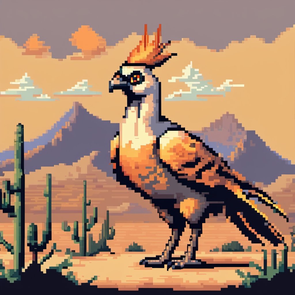 digital pixel art of a large bird with orange feathers, mountain in a desert, pixel style