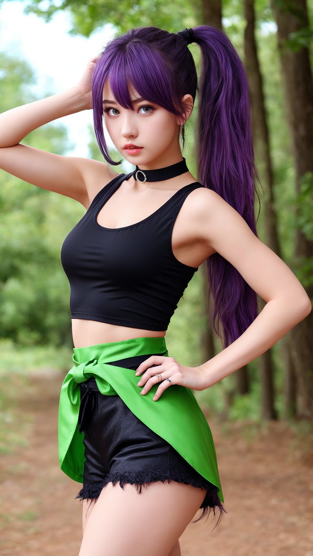 1girl, purple eyes, purple hair, long hair, ponytail, hair scrunchie, green choker, o-ring top, tank top, sleeveless, waist cape, black shorts, green belt, boots