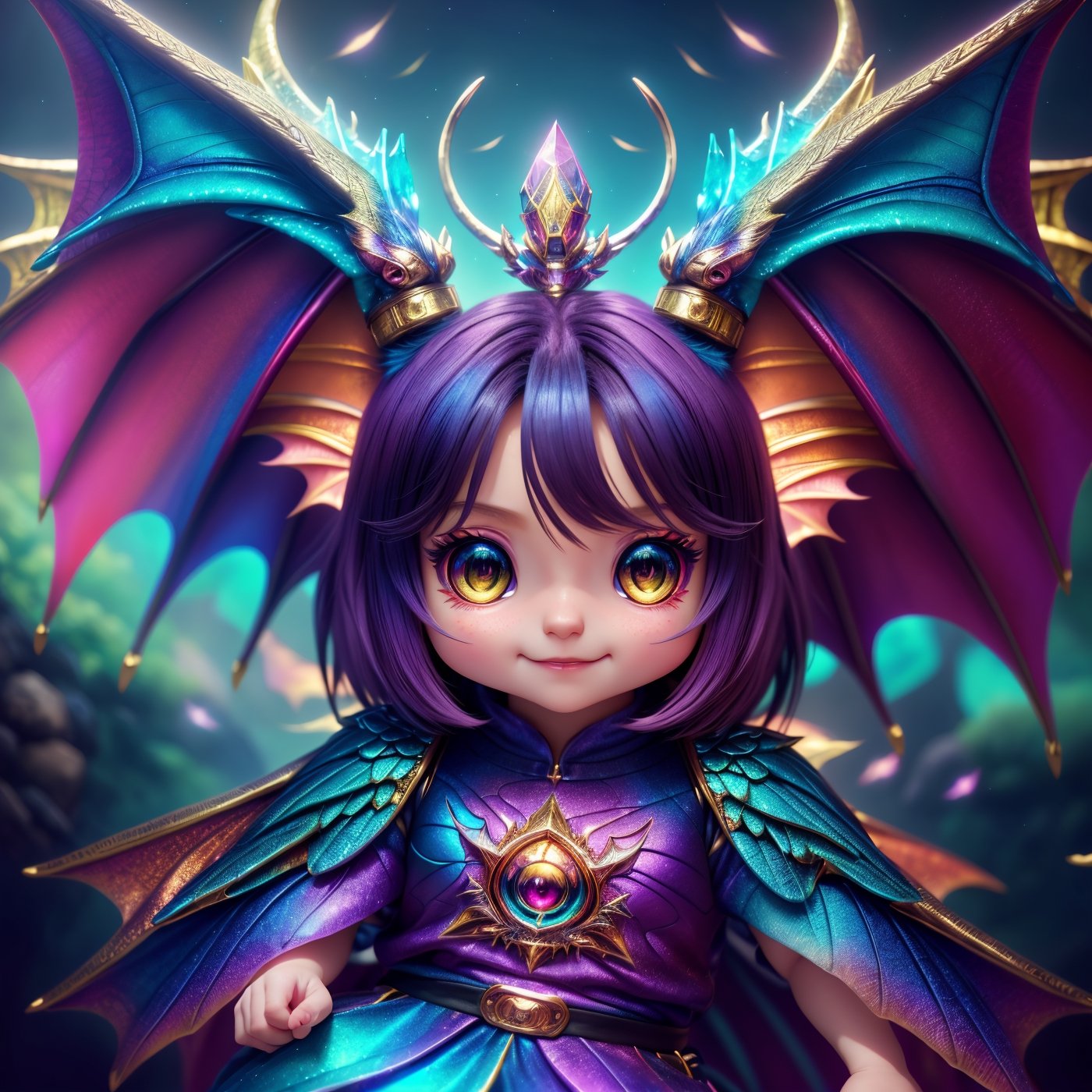 cute chibi baby dragon, cinematic background, vibrant colors, UHD, 16k, 3D rendering, detailed scales, adorable face and expression, sparkling eyes, fluffy wings, playful pose, magical atmosphere, realistic textures, professional artwork, fantasy art style, mystical lighting, captivating composition, epic fantasy scene