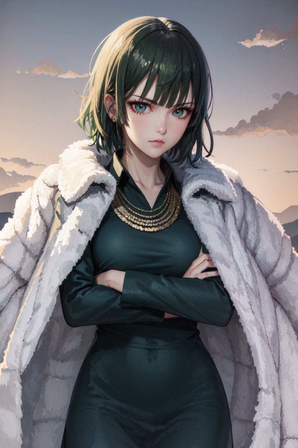 (masterpiece, best quality:1.2), <lora:opm_fubuki-13:1>, cowboy shot, solo, 1girl, fubuki, expressionless, crossed arms, green hair, taut clothes, fur coat, jewelry, necklace