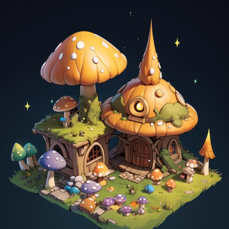 ((masterpiece,best quality)), absurdres, <lora:Stylized_Setting_Mushrooms:1>, Isometric_Setting, Mushroom_Girl, mushrooms, Mushroom house, magic, glowing,  