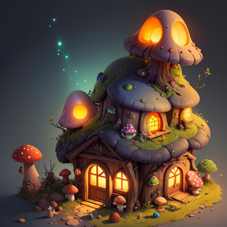 ((masterpiece,best quality)), absurdres, <lora:Stylized_Setting_Mushrooms:1>, Isometric_Setting, Mushroom_Girl, mushrooms, Mushroom house, magic, glowing,  