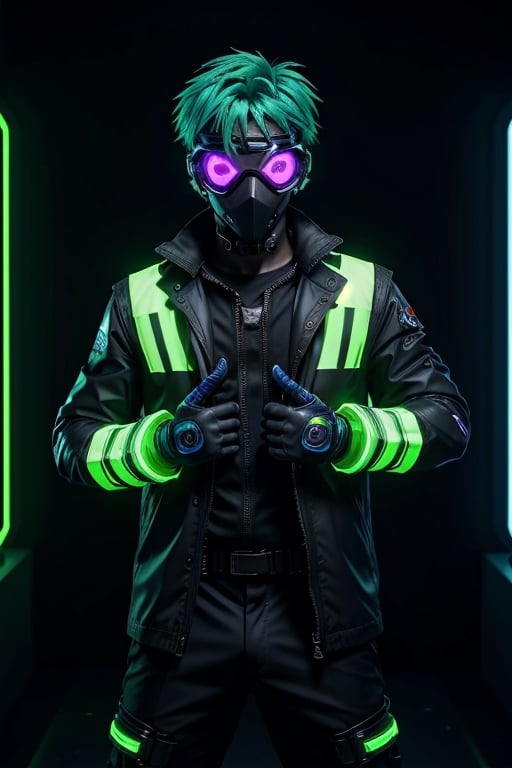 Cyberpunk Style, 4boys, black background, black gloves, blue eyes, boots, clenched hands, gloves, glowing, glowing eyes, goggles, green hair, helmet, jacket, looking at viewer, male focus, mask, mouth mask, multiple boys, official alternate costume, open hands, pants, straight-on, variations, vest
