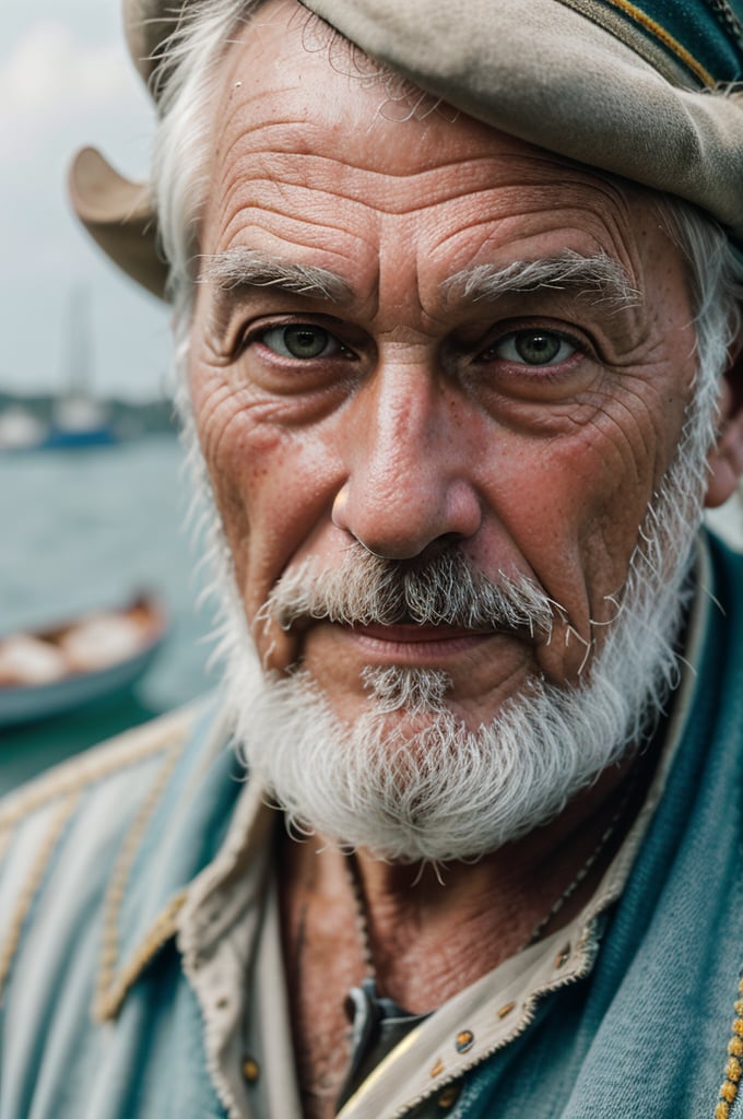 a close up, the 1800s, a hyperdetailed hyperrealist maximalist photograph, damaged photograph, hair, a vintage analog film grain kodak ektachrome photo of a old fisherman sea captain of yesteryear, (analog feel is that of a professional graded LUT of cinematic attributes:1.2), soft (warm:0.8) smile, rugged wrinkles and worn face with stubble and peach fuzz, natural old man, maximalist, an image of immaculate quality and with stunning detail in high definition 8K and beyond, the background is glass shard crisp crystal water and harbour with boat, interesting shadows and contrast, uneven lighting, sky
