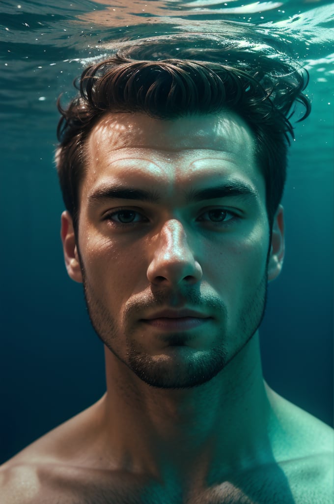 portrait photo of man, underwater shot, volumetric light
