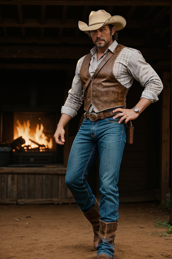 cinematic full body portrait of a cowboy, action pose
