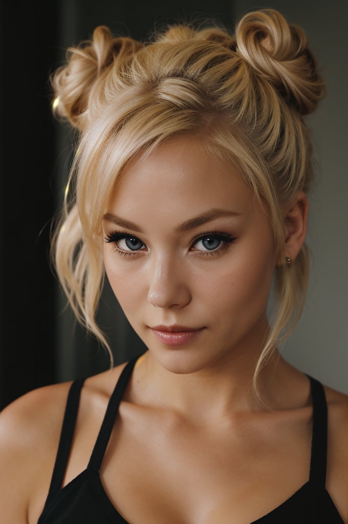 an eye contact of a blond with bun hair and dark theme
