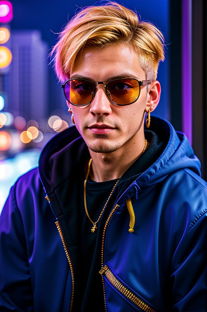 Cyberpunk Style, 1boy, male focus, solo, blonde hair, earrings, jewelry, sunglasses, open mouth, mole under eye, tinted eyewear, jacket, mole, short hair, hood, meme, looking at viewer, round eyewear, glasses