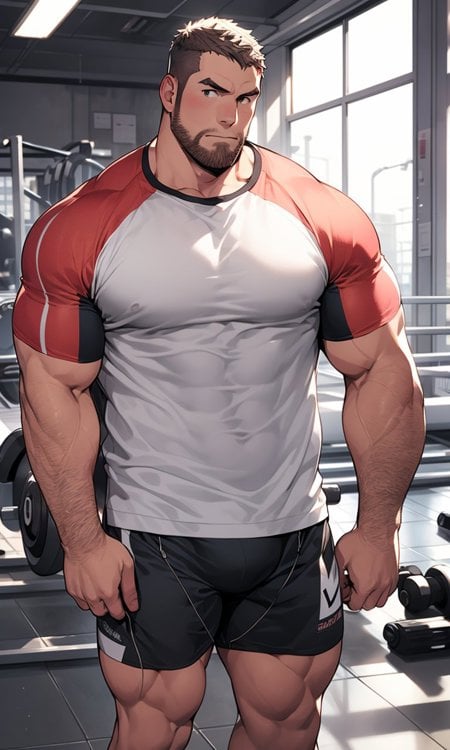 mature male, hard  exercise, multicolored hair, full body, looking at another,  (nijimale:0.6)<lora:NijiMaleV1.3h-000009:0.8>