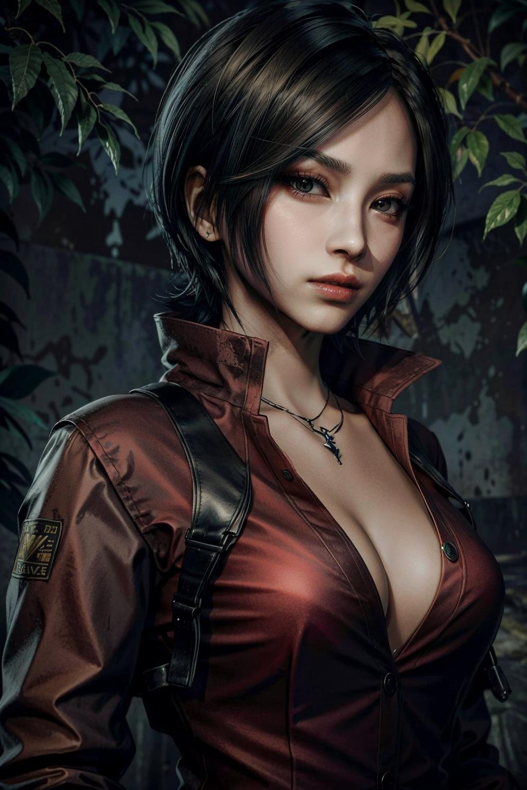 (masterpiece, best quality)AdaWongRE,  1girl, solo, breasts, short hair, shirt, black hair, cleavage, jewelry, medium breasts, closed mouth, jacket, upper body, outdoors, necklace, black eyes, lips, parted bangs, looking to the side, red jacket, pendant, high collar, realistic, nose, popped collar<lora:epi_noiseoffset2:1>  <lora:add_detail:0.7> <lora:AdaWongRE:0.9>