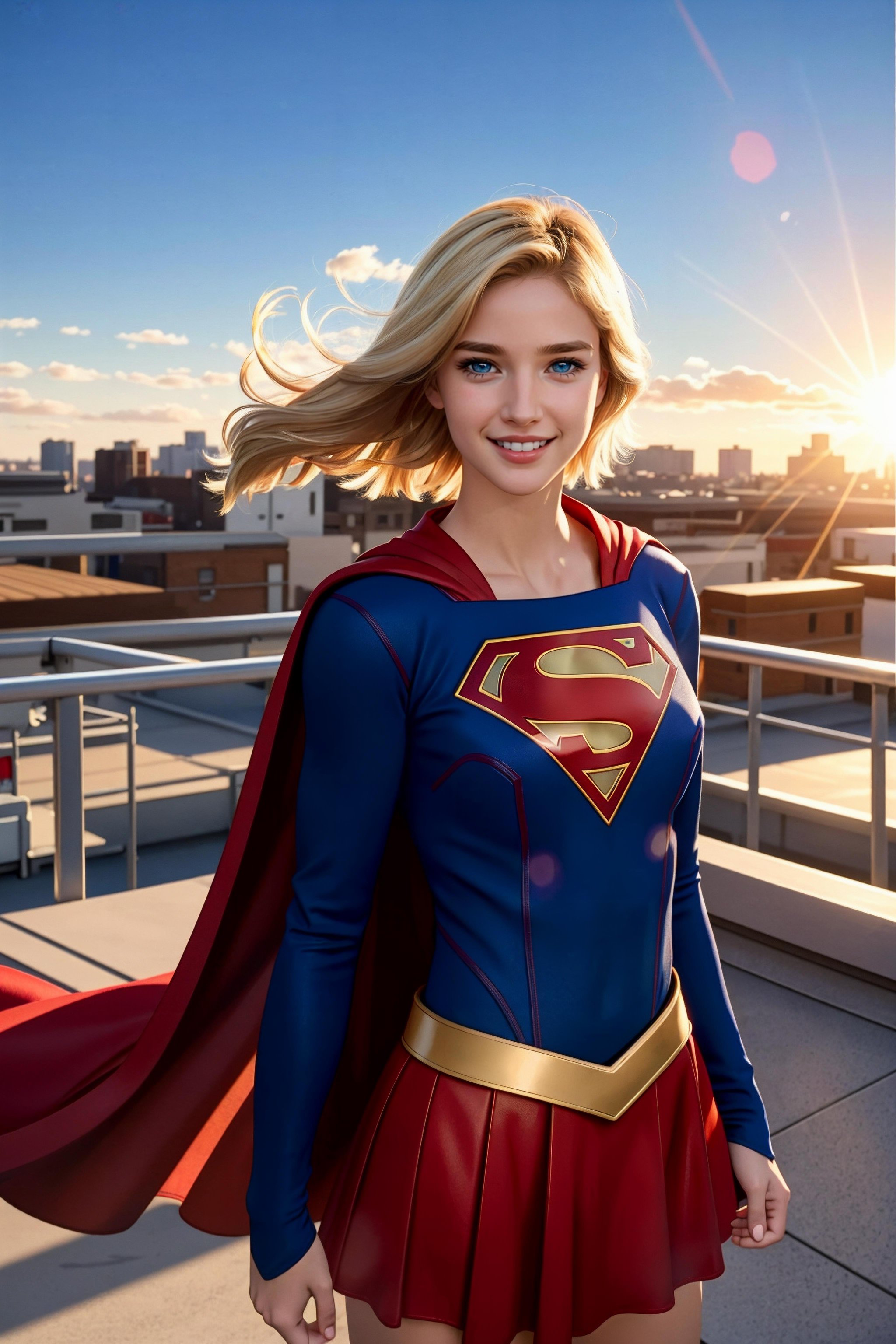 masterpiece, best quality, (realistic, highly detailed), model shoot of supergirl, blonde, short hair, [blue eyes], red cape, blue shirt, belt, blue skirt, red knee boot, cute smile, in a rooftop, wind, natural light, lens flare,  <lora:supergirl:0.4>