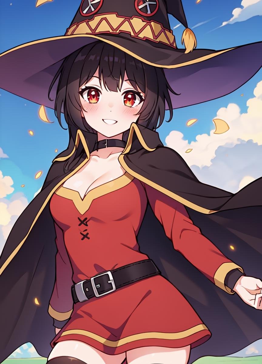 ((masterpiece)), (best quality:1.7), (detailed:1.4), (high res:1.4), 8k, (colorful:1.5), 2d, high resolution, sharped image, 4k, hd, megumin_konosuba, 1girl, (((solo))), ((black hair)), black thighhighs, wicth, witch hat, brown belt, red eyes, red dress, middle body, cowboy shot, smile, ((medium breasts)), (((cape))), peace symbol, long sleeves, (cleavage), legs, long legs, school, ((field)), sun, sky, clouds, spread legs, ((looking at viewer)), (((two arms))), (((two hands))), choker, ((black cape)), ((((peace symbol)))), belt, particles, cinematic lights, blush, surprised, ((thighs))