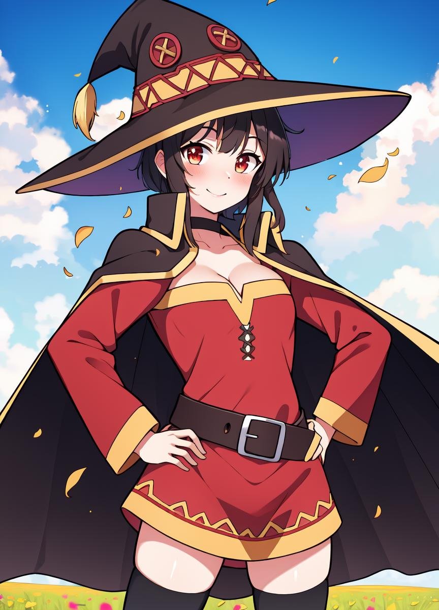 ((masterpiece)), (best quality:1.7), (detailed:1.4), (high res:1.4), 8k, (colorful:1.5), 2d, high resolution, sharped image, 4k, hd, megumin_konosuba, 1girl, (((solo))), ((black hair)), black thighhighs, wicth, witch hat, brown belt, red eyes, red dress, middle body, cowboy shot, smile, ((medium breasts)), (((cape))), peace symbol, long sleeves, (cleavage), legs, long legs, school, ((field)), sun, sky, clouds, spread legs, ((looking at viewer)), (((two arms))), (((two hands))), choker, ((black cape)), ((((hands on own hips)))), belt, particles, cinematic lights, blush, surprised