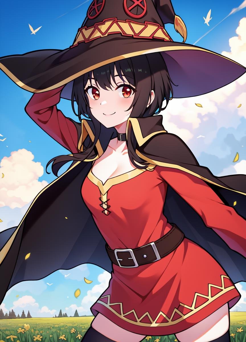 ((masterpiece)), (best quality:1.7), (detailed:1.4), (high res:1.4), 8k, (colorful:1.5), 2d, high resolution, sharped image, 4k, hd, megumin_konosuba, 1girl, (((solo))), ((black hair)), black thighhighs, wicth, witch hat, brown belt, red eyes, red dress, middle body, cowboy shot, smile, ((medium breasts)), (((cape))), peace symbol, long sleeves, cleavage, legs, long legs, school, ((field)), sun, sky, clouds, spread legs, ((looking at viewer)), (((two arms))), (((two hands))), choker, ((black cape)), hands on own hip, belt