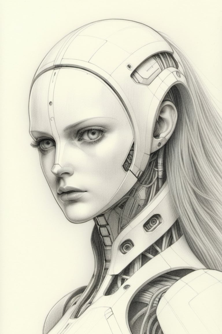 "An intricate pencil sketch of an android, its mechanical structure and humanoid design clearly visible, BREAK detailed features like gears, wires, and the metallic sheen of its body, along with human-like elements such as facial features and posture, BREAK Evoking a sense of uncanny beauty and melancholic solitude, BREAK Rendered in a simple yet detailed pencil drawing style, exhibiting the subtle gradient shades of graphite, BREAK The lighting is soft and diffused, casting gentle shadows that highlight the android's three-dimensional form and lending a quiet, introspective mood to the scene, BREAK The perspective is a close-up, capturing the android's face in detail, with a slight bokeh effect softening the background, BREAK The sketch is finely detailed, emphasizing the texture of the pencil strokes and the play of light and shadow on the android's form."