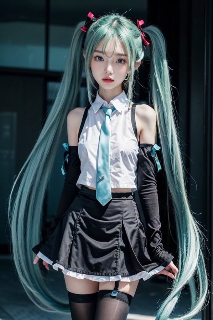 chuyinweilai, solo, 1girl, long hair, , twintails, necktie, skirt, detached sleeves, thighhighs, very long hair, aqua hair,