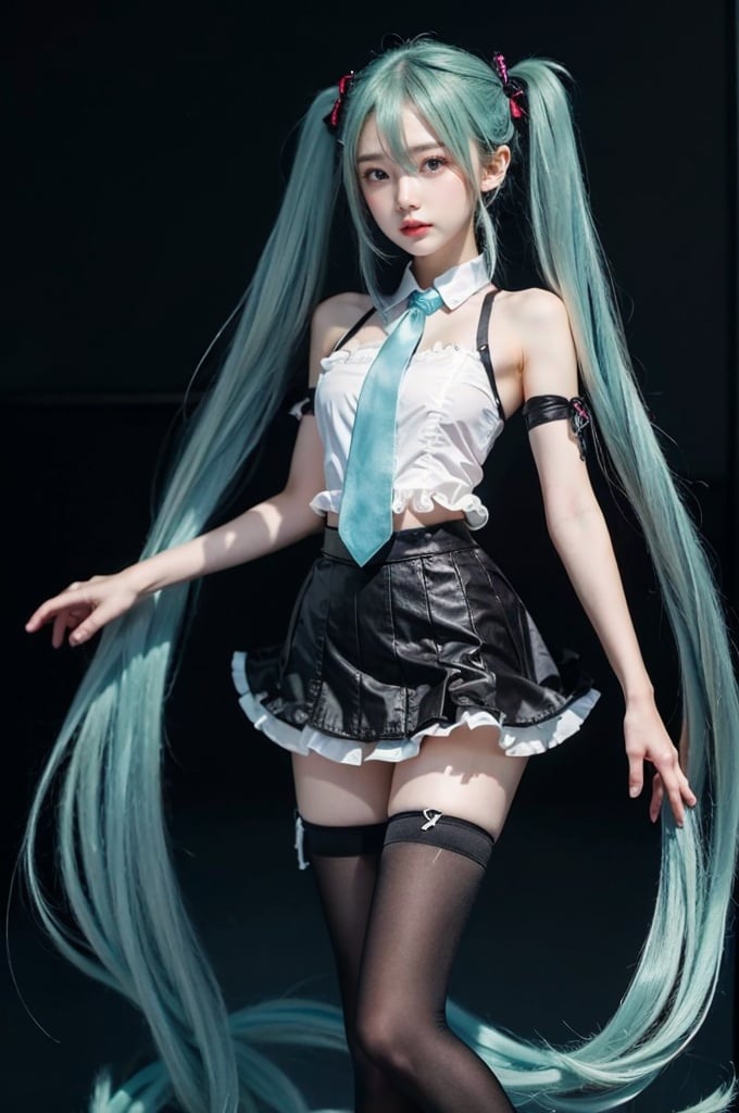 chuyinweilai, solo, 1girl, long hair, , twintails, necktie, skirt, detached sleeves, thighhighs, very long hair, aqua hair,looking_at_viewer,