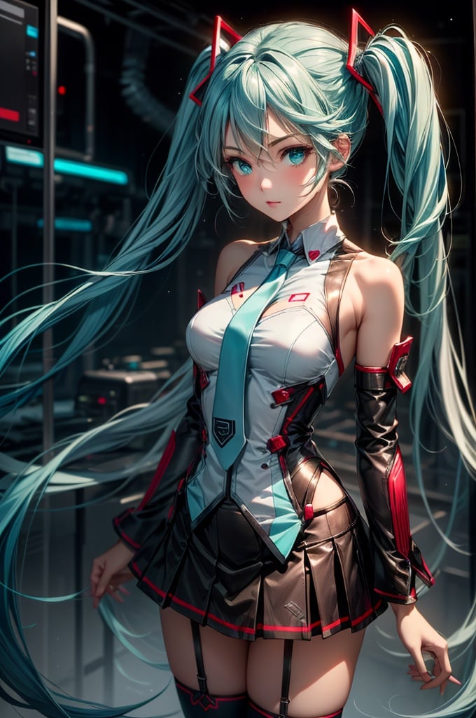 (Good anatomical structure),chuyinweilai, solo, 1girl, long hair, , twintails, necktie, skirt, detached sleeves, thighhighs, very long hair, aqua hair