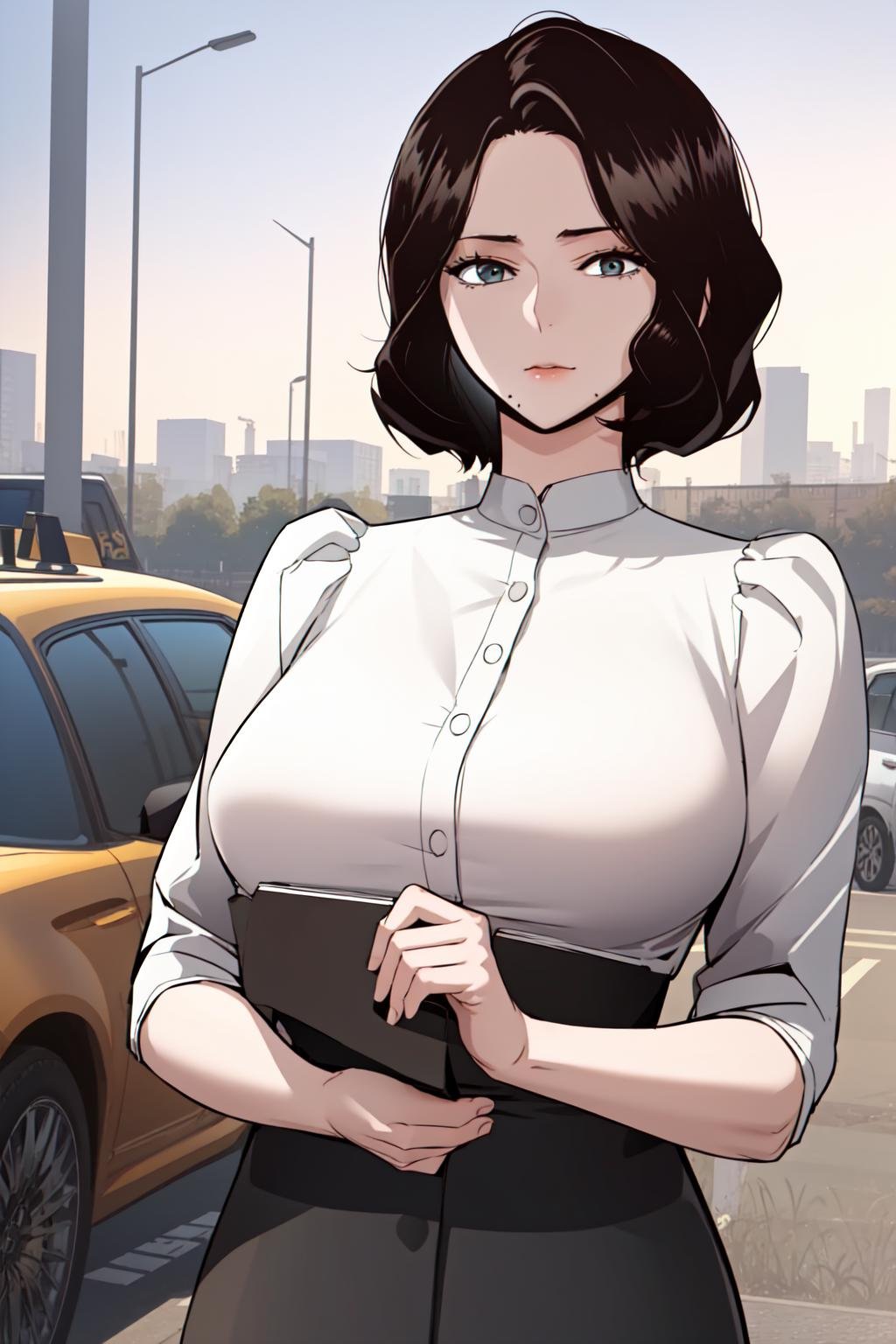 masterpiece, best quality, absurdres, perfect anatomy, beautiful background, beautiful face, beautiful eyes, beautiful body, upper body, shinjiye, 1girl, solo, short hair, skirt, large breasts, shirt, black hair, white shirt, black skirt, mole under mouth, pencil skirt, mature female, Posing as if hailing a taxi,  <lora:ShinJiye:0.85>