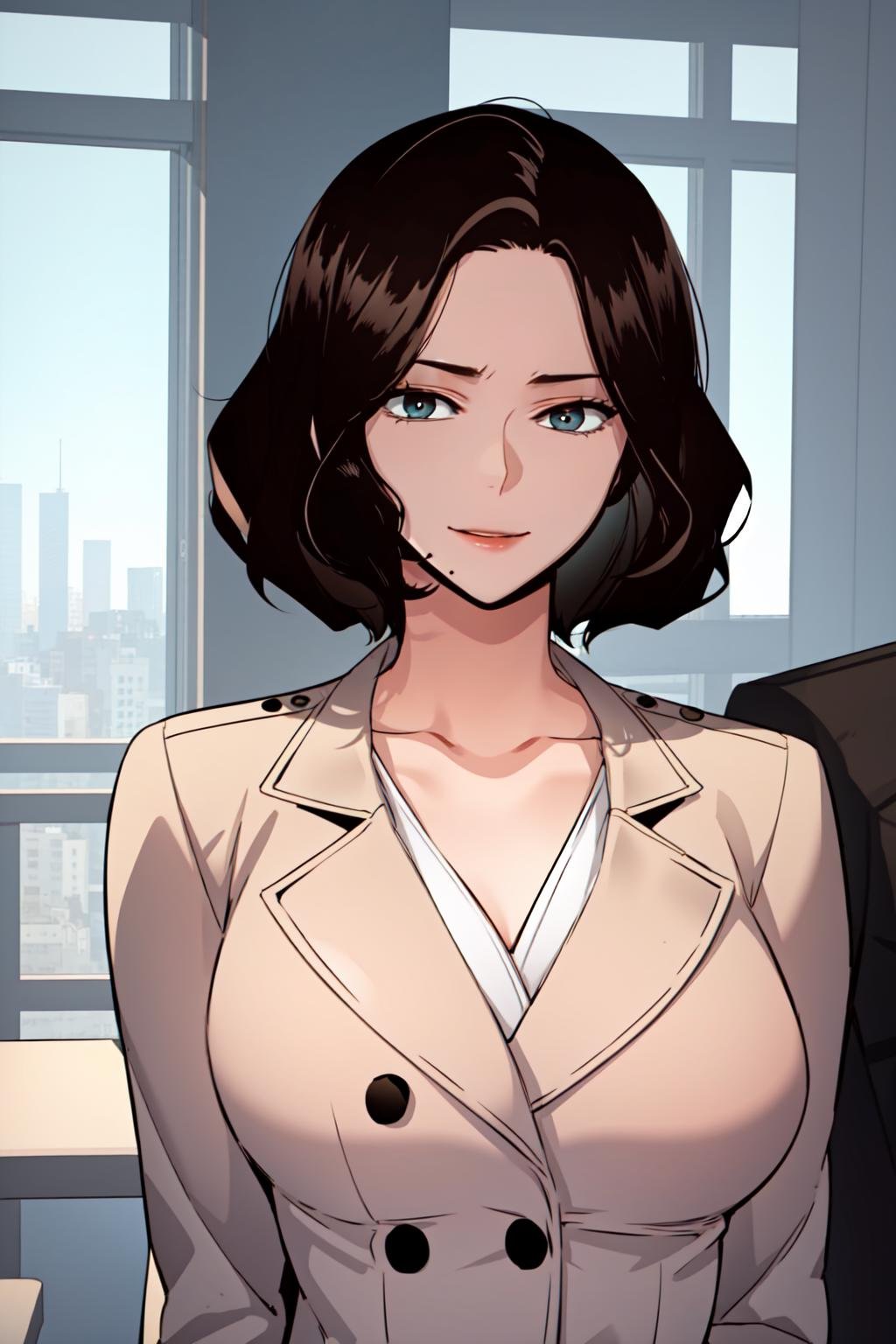 masterpiece, best quality, absurdres, perfect anatomy, beautiful background, beautiful face, beautiful eyes, beautiful body, upper body, shinjiye, 1girl, solo, looking at viewer, happy, short hair, large breasts, black hair, sitting, collarbone, upper body, mole, lips, coat, buttons, mole under mouth, brown coat, Leaning with back against an invisible wall,  <lora:ShinJiye:0.85>