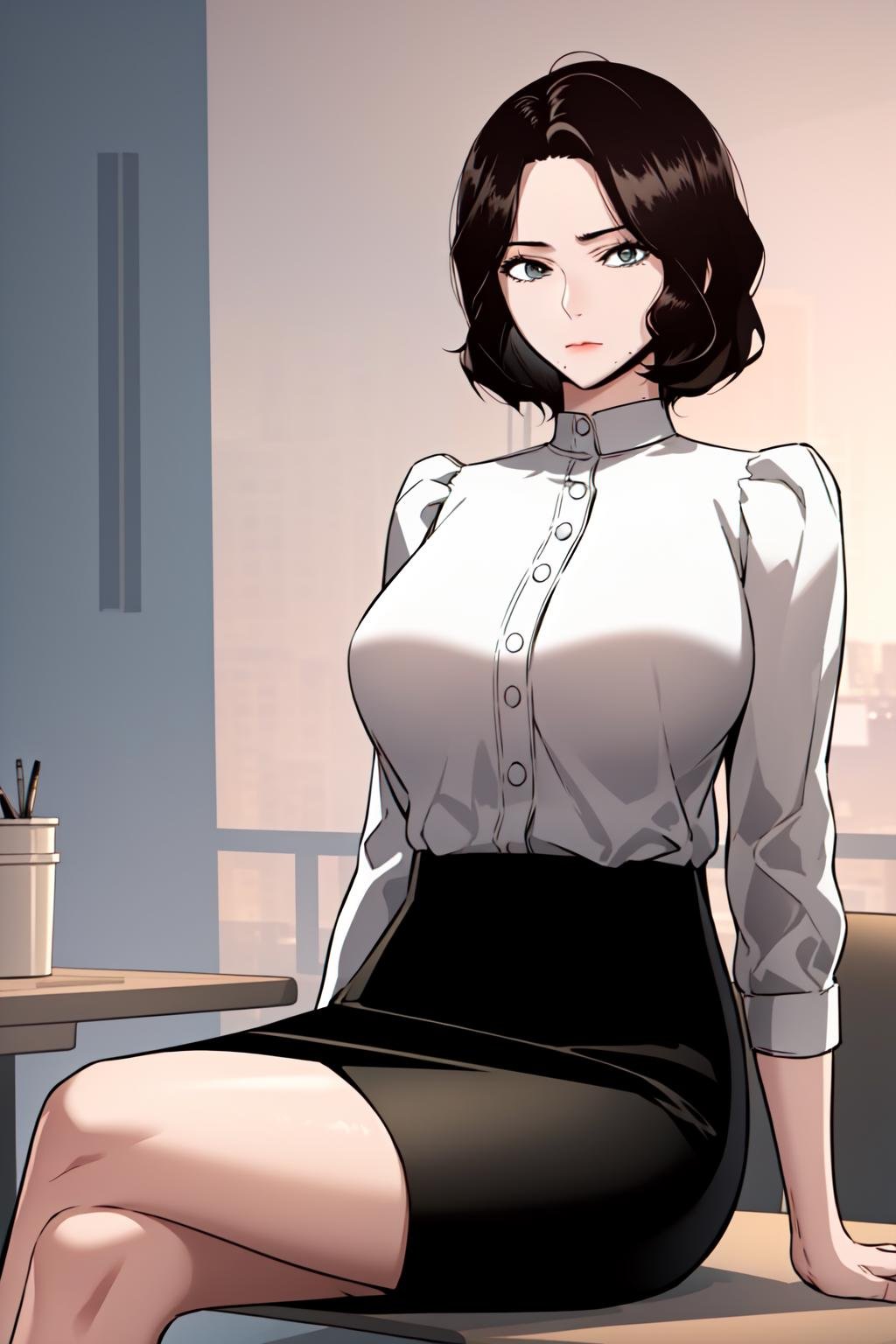 masterpiece, best quality, absurdres, perfect anatomy, beautiful background, beautiful face, beautiful eyes, beautiful body, upper body, shinjiye, 1girl, solo, short hair, skirt, large breasts, shirt, black hair, white shirt, black skirt, mole under mouth, pencil skirt, mature female, Sitting with legs crossed, one hand on knee,  <lora:ShinJiye:0.85>