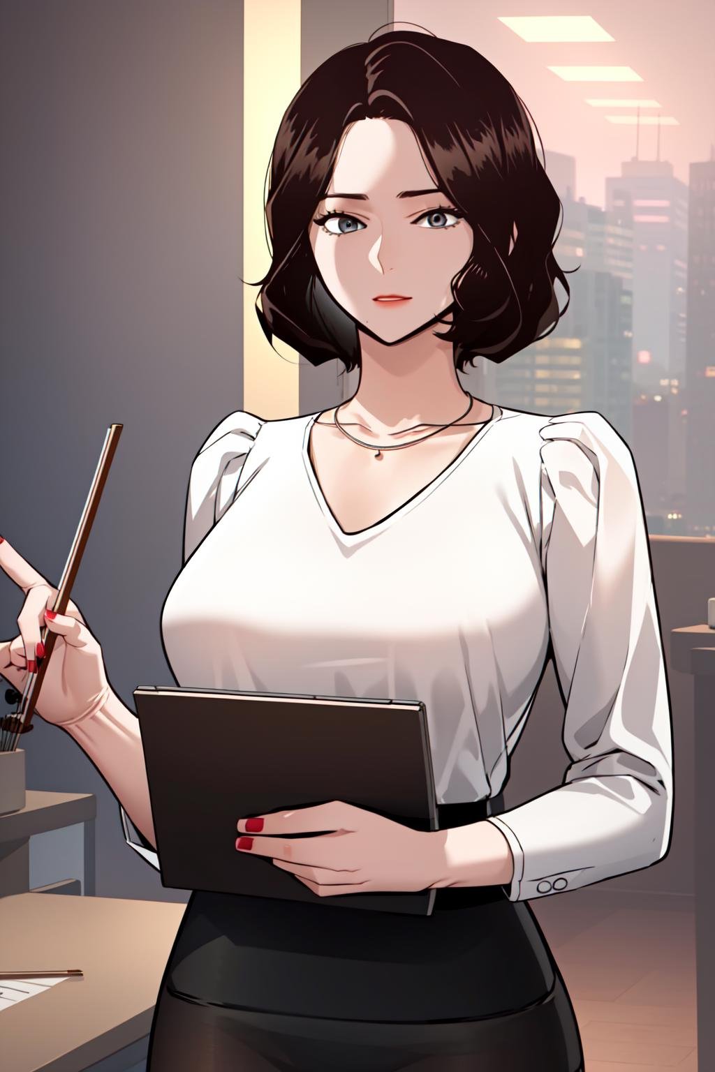 masterpiece, best quality, absurdres, perfect anatomy, beautiful background, beautiful face, beautiful eyes, beautiful body, upper body, shinjiye, 1girl, solo,short hair, skirt, shirt, black hair,  jewelry, white shirt, pantyhose, necklace, nail polish, pencil skirt, brown pantyhose, office lady, Pretending to play the violin,  <lora:ShinJiye:0.85>