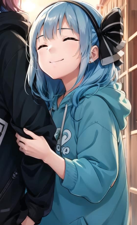 extremely detailed CG unity 8k wallpaper, realistic, hand by Guido Danielemultiple girls, 2girls, hug, closed eyes, blue hair, pink hair, long hair, smile, hood, virtual youtuber, closed mouth, black hairband, bangs, hoodie, hood down, hat, yuri, ribbon, short sleeves, hairband, striped bow, bow, hair ribbon, black bow, black headwear, striped, black hoodie, mori calliope, hair bow, jacket, blue hoodie, black ribbon