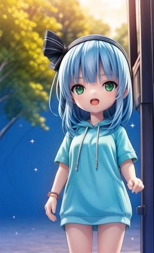 <lora:blindbox_v1_mix:1.8> full body, chibi, extremely detailed CG unity 8k wallpaper, realistic, 1girl, green eyes, konpaku youmu, open mouth, solo, hoodie, outdoors,  day, hairband, sparkle, black hairband, contemporary, short sleeves, green hoodie, ribbon, alternate costume, hair ribbon, bangs, long hair, skirt, black ribbon, clenched hands, blue hair, drawstring, bracelet, <lora:add_detail:1> 