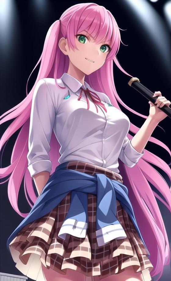 1girl, green eyes, long hair, solo, pink hair, skirt, clothes around waist, weapon, hand on hip, ribbon, smile, shirt, plaid skirt, breasts, holding, pleated skirt, plaid, white shirt, jacket around waist, blurry, sword, school uniform, sparks, floating hair, explosion scene, ((masterpiece)), (((best quality))), ((ultra-detailed)), ((illustration)), finely detail, extremely detailed CG unity 8k, highres, beautiful detailed eyes, finely detail, beautiful detailed eyes